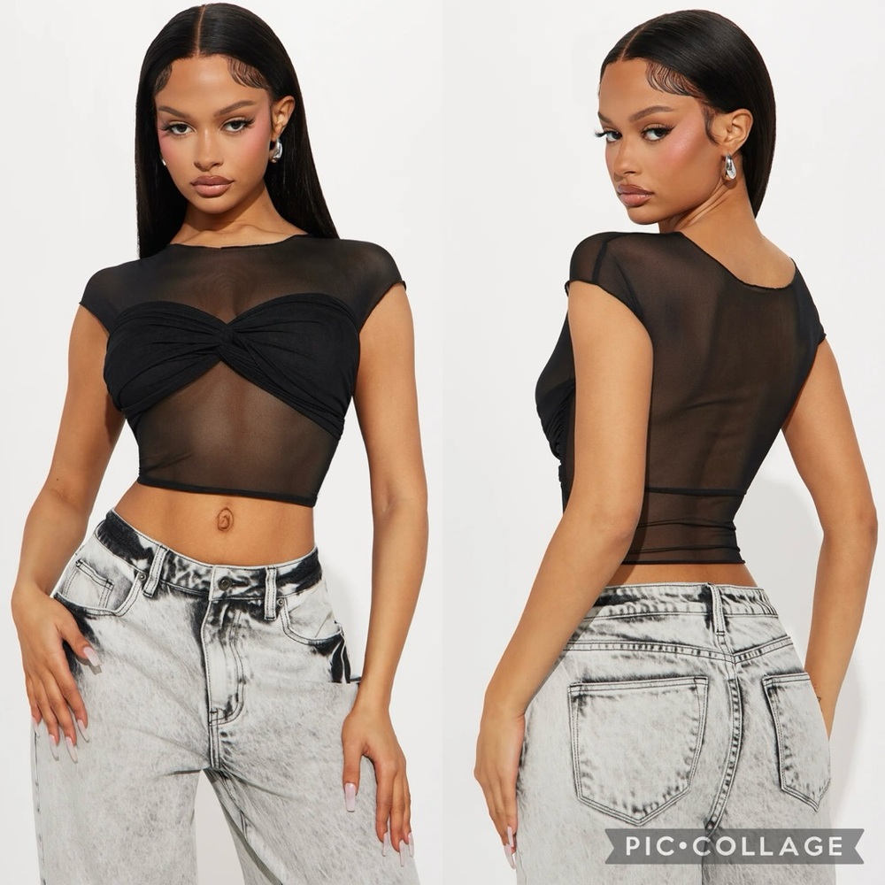 Fashion Nova Sexy Black Mesh Twist Front Crop Half Top